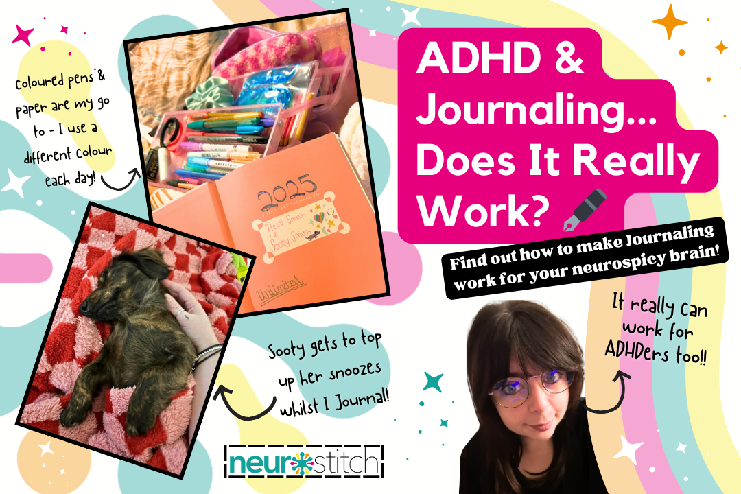 ADHD and Journaling, Does it really work?  Blog header image with Heidi Smith and her dog Sotty