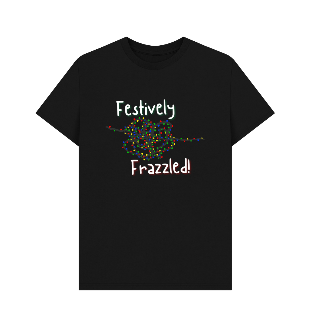 Black Festively Frazzled T-Shirt - White text