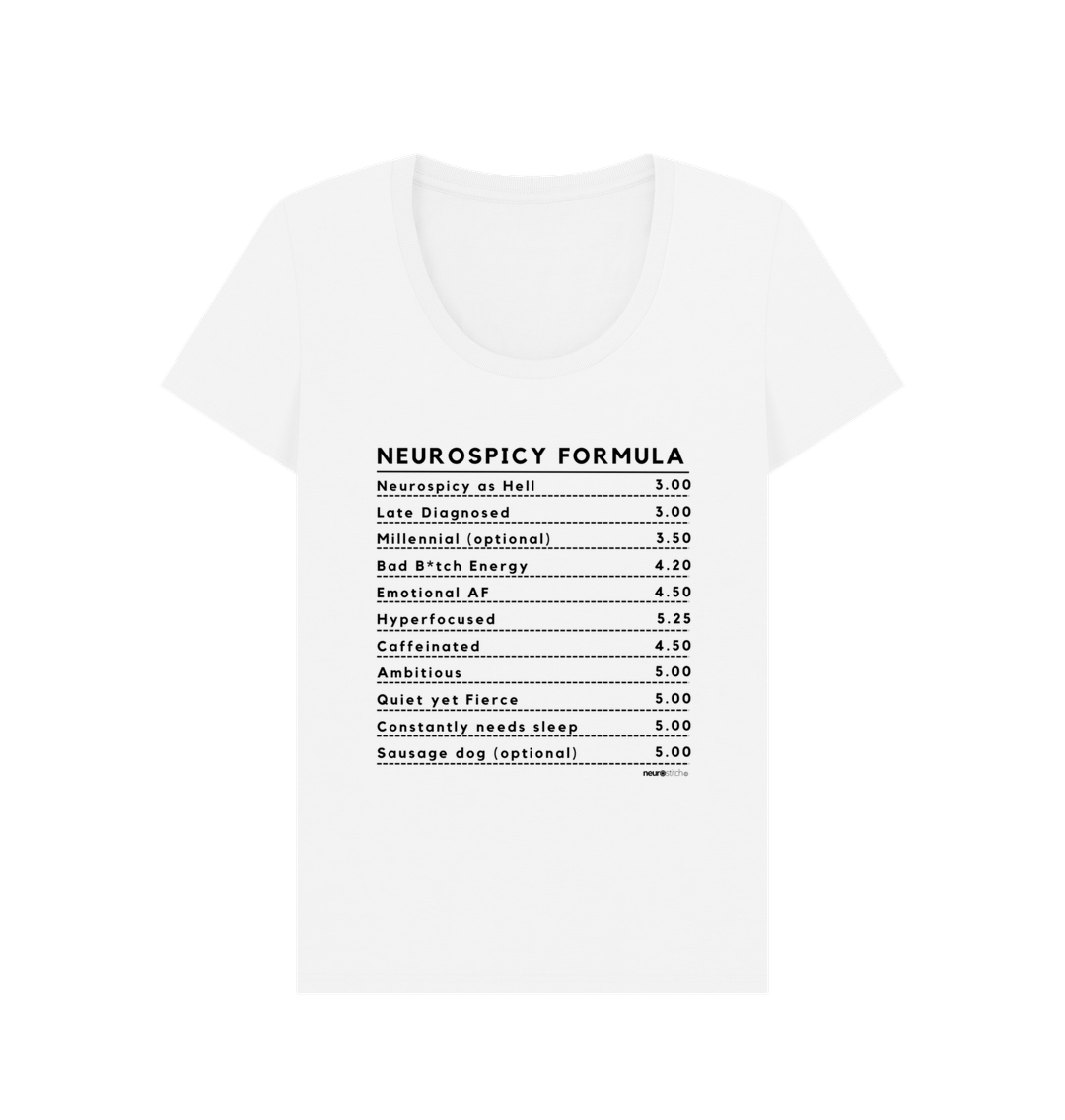 White Neurospicy Formula Womens Tee (Black Text - Multi colour) - ADHD Awareness Month