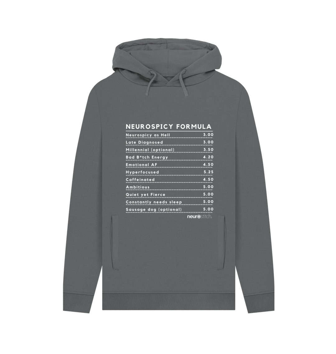 Slate Grey Neurospicy Formula Hoodie (White Text) - ADHD Awareness Month Multi Colours